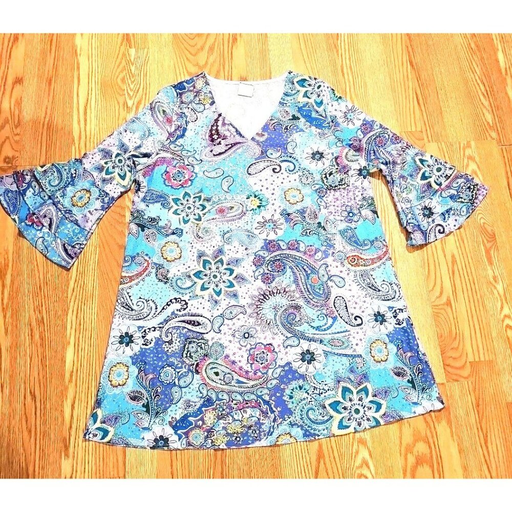 Pullover Long Top Women 2XL Plus Paisley Boho Fairy Whimsical All Over Print